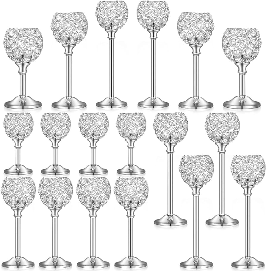 Photo 1 of 18 Pieces Crystal Candle Holders Bulk Candle Stick Holder Centerpieces for Table Wedding Centerpieces Crystal Decorative Tealight Candle Dining Table Candle Holder Decor for Party (Silver)