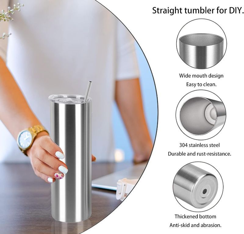 Photo 1 of 20 Oz Straight Skinny Tumbler Set, Stainless Steel Slim Skinny Travel Tumbler Bulk, Birthday Diy Gift For Women Friends Sisters, 2 Pack, Silver