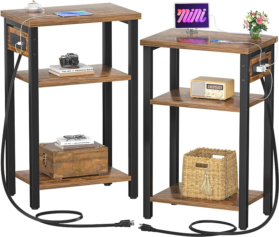 Photo 1 of Aheaplus End Table Set of 2 with Charging Station, 3 Tier Slim Side Table, Storage Shelf, Narrow Bedside Nightstand with USB Ports & Outlets, Sofa for Bedroom, Living Room, Rustic Brown