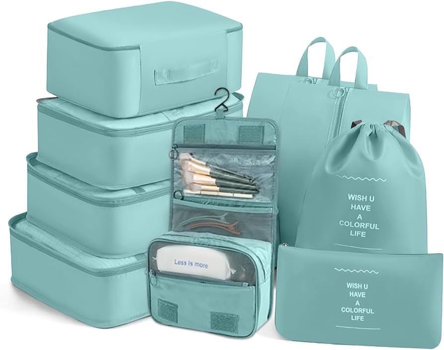 Photo 1 of Allboss9 Pcs Travel Cubes for Packing Womens, Suitcase Organizer Bags Set, Travel Cubes for Suitcase Lightweight Travel Essential Bag with Large Toiletries Bag for Clothes Shoes (lake blue