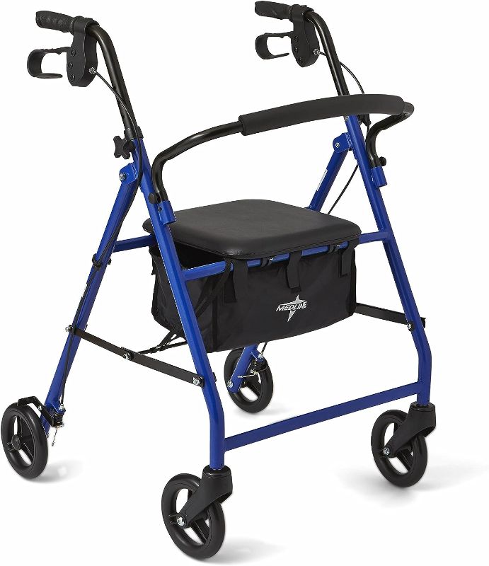 Photo 1 of Medline Steel Foldable Adult Transport Rollator Mobility Walker with 6” Wheels, Blue