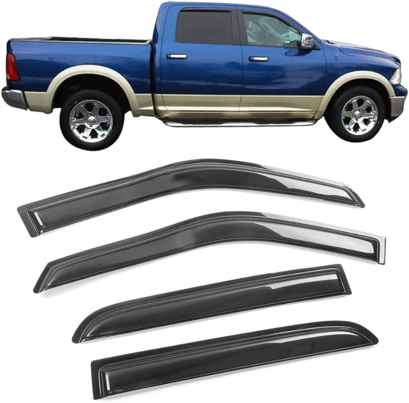 Photo 1 of Lightronic WV94109 Tape-on Window Visor Deflector Rain Guard, Dark Smoke 4PCS for 2009-2018 Dodge Ram 1500 Crew Cab, 2010-2023 Ram 2500/3500 Crew Cab & Mega Cab, 2019-2023 Ram 1500 Classic Crew Cab