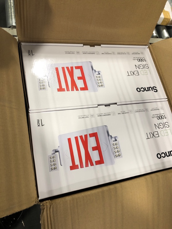 Photo 1 of Sunco Lighting LED Exit Signs with Emergency Lights, Double Sided Adjustable LED Emergency Combo Light with Backup Battery, Hard Wired, Commercial Grade, 120-277V, Fire Resistant (UL 94V-0) 6 Pack Red 6 Pack (2-Head)
