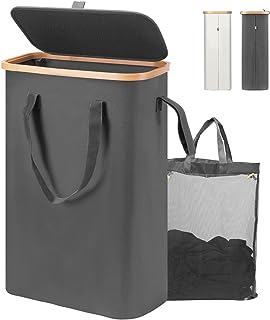 Photo 1 of  Slim Laundry Hamper with Lid, Narrow Laundry Hamper with Removable Bag, Slim Laundry Basket with Lid, Thin Hamper Basket Made of Bamboo and Oxford for Bedrooms, Bathroom, RV, Gray