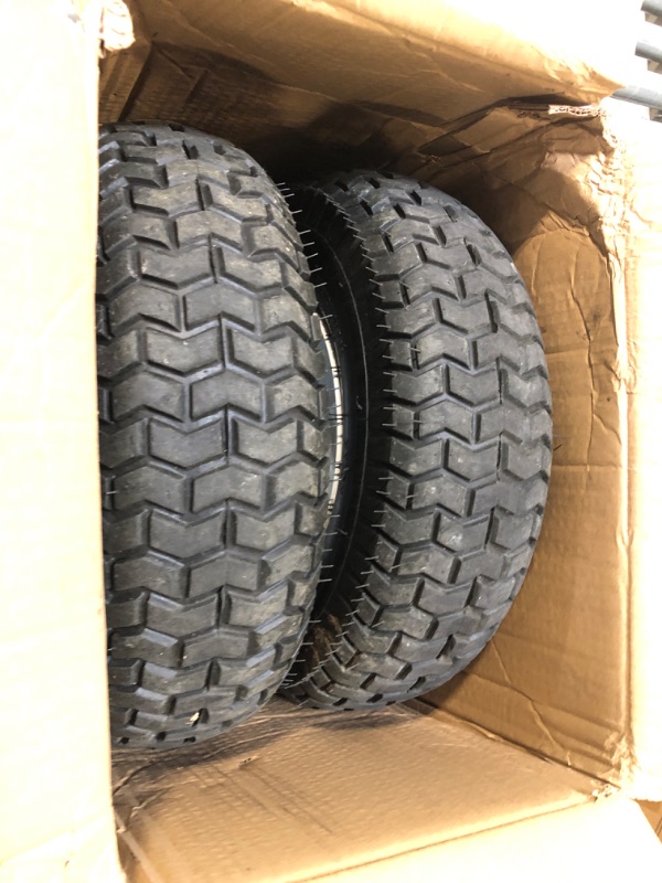 Photo 3 of (2-Pack) 16x6.50-8 Tubeless Tires on Rim - Universal Fit Riding Mower and Yard Tractor Wheels - With Chevron Turf Treads - 3” Offset Hub and 3/4” Bearings - 4 Ply with 615 lbs Max Weight Capacity 16x6.50-8 Tubeless White