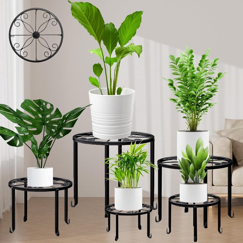 Photo 1 of 5 Pack Metal Plant Stand for Outdoor Indoor Plants, Heavy Duty Flower Pot Stands for Multiple Plant, Rustproof Iron Round Plant Shelf for Planter, Potted Plant Holder for Garden Home (Black)