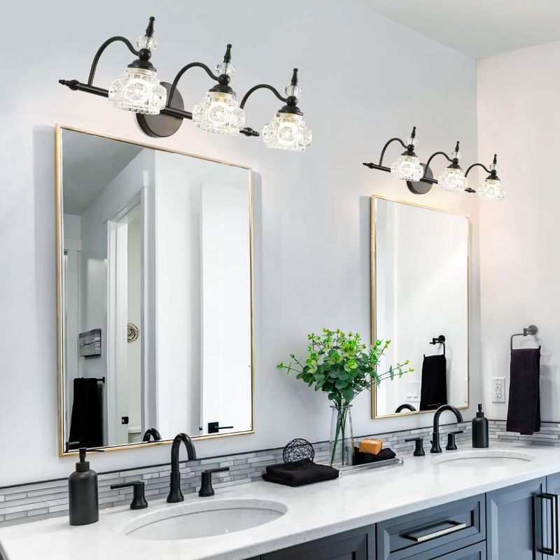 Photo 1 of WJShome Vintage Bathroom Vanity Light Fixture, 3 Lights Bathroom Lighting, Lacquered Black Finish, With Crystal Glass Shade, Vintage Vanity Light for Bathroom, Courtyard, Hallway, Bedroom