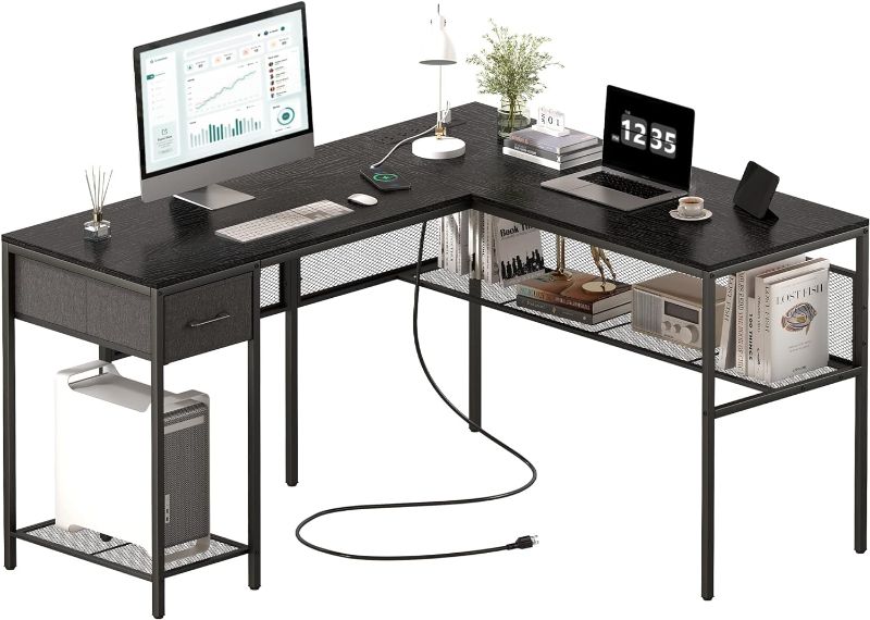 Photo 1 of SUPERJARE L Shaped Desk with Power Outlets, Computer Desk with Drawer, Reversible Corner Desk with Grid Storage Bookshelf, Home Office Desk, Black