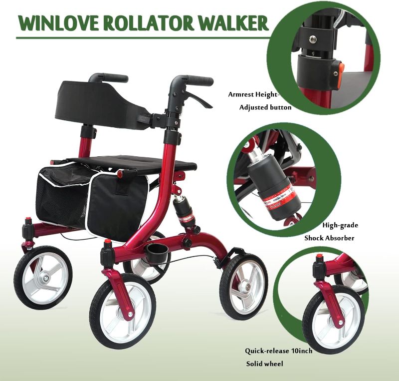 Photo 1 of Winlove Rollator Walkers for Seniors-Folding Rollator Walker with Seat and 10-inch All Terrain Wheels-Medical Rollator Walker Aluminium Frame with Suspension Spring and Thick Seat-Lightweight,Red