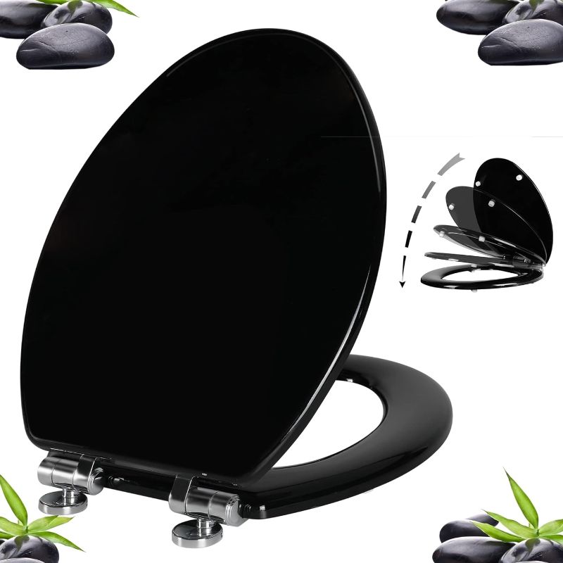 Photo 1 of Angel Shield Toilet Seat with Zinc Alloy Hinges Quiet-Close Quick-Release Wood Molded UV Lid Easy Clean(Elongated,Black)