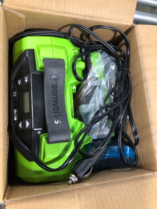 Photo 2 of Greenworks 24V Portable Air Compressor - Cordless Tire Inflator, MAX 160 PSI, 2 Power Sources, Auto Shut Off, for Car, Bicycle, Motocycle, Air Boat, Inflatables, with 2AH battery+2A charger Inflator 2.0Ah (USB Battery)