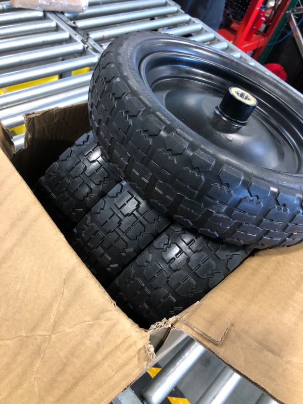 Photo 4 of HIKYROKY 13" Flat Free Solid Polyurethane Tire and Wheel, 4.00-6 PU Airless Tires with 5/8" Offset Ball Bearings, 4 Packs for Wheelbarrow/Dolly/Garden Wagon Carts/Hand Truck 13" 4Pcs 4.00-6