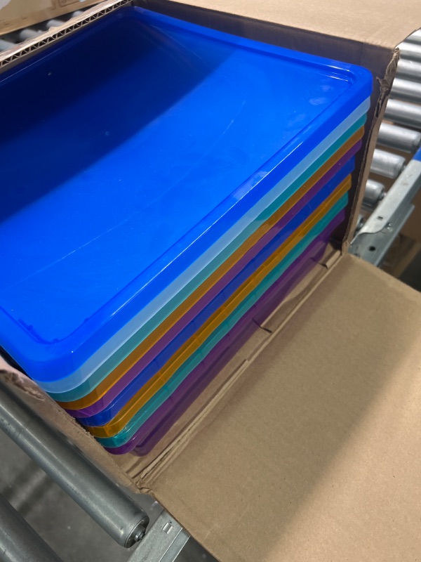 Photo 1 of Storex Classroom Craft Project Box – Stacking Plastic Organizer Fits 12x12 Scrapbooking Paper, Assorted STEAM Colors, 5-Pack (63202C05C)