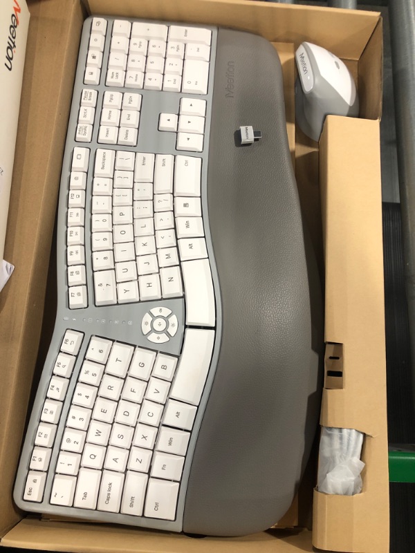 Photo 1 of MEETION Ergonomic Wireless Keyboard and Mouse, Ergo Keyboard with Vertical Mouse, Split Keyboard with Cushioned Wrist Palm Rest Natural Typing Rechargeable Full Size, Windows/Mac/Computer/Laptop, Gray Large White Gray