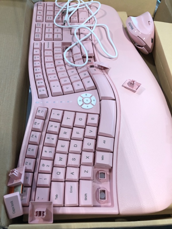 Photo 3 of MEETION Ergonomic Wireless Keyboard and Mouse, Ergo Keyboard with Vertical Mouse, Split Keyboard with Cushioned Wrist Palm Rest Natural Typing Rechargeable Full Size, Windows/Mac/Computer/Laptop, Pink Large Pink