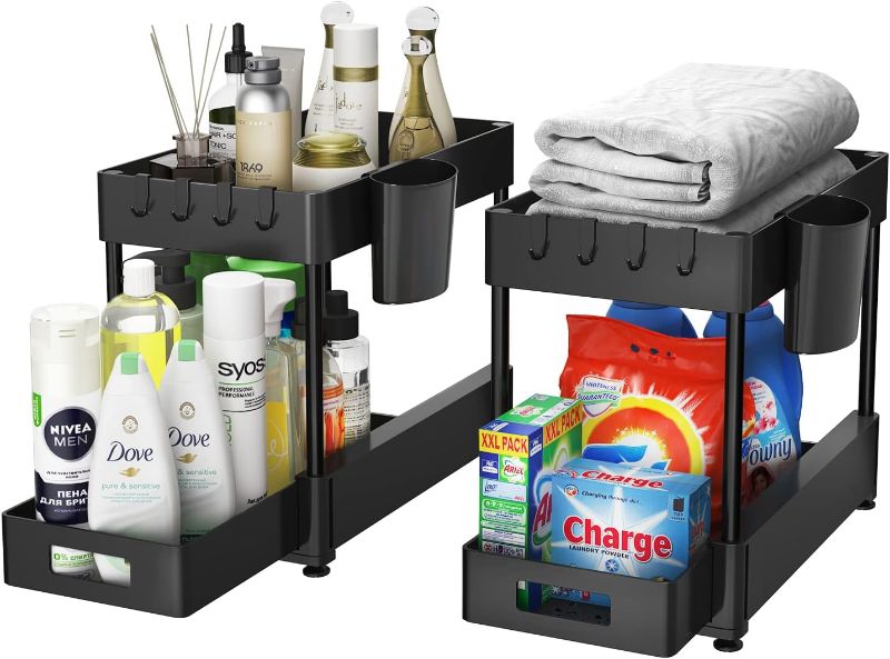 Photo 1 of 2 Pack Under Sink Organizer, 2-Tier Double Sliding Organizers and Storage, Multi-purpose Storage for Kitchen Bathroom Under Sink Cabinet Desktop, with 8 Hooks and 2 Cups (Black)