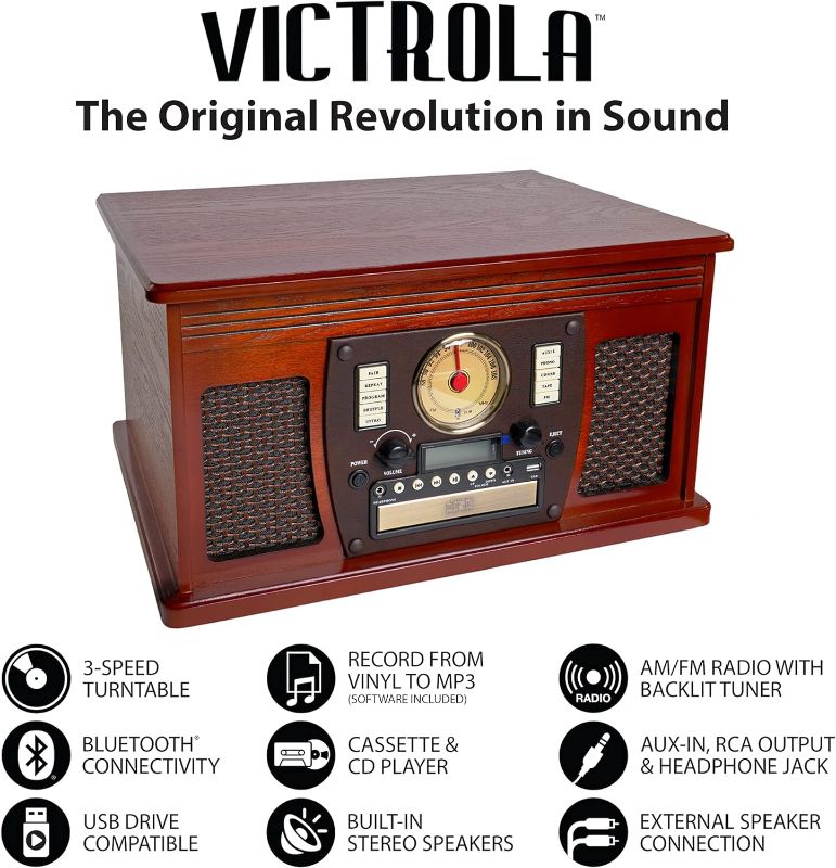 Photo 1 of Victrola Navigator 8-in-1 Classic Bluetooth Record Player with USB Encoding and 3-Speed Turntable Bundle with Victrola Wooden Stand for Wooden Music Centers with Record Holder Shelf, Mahogany