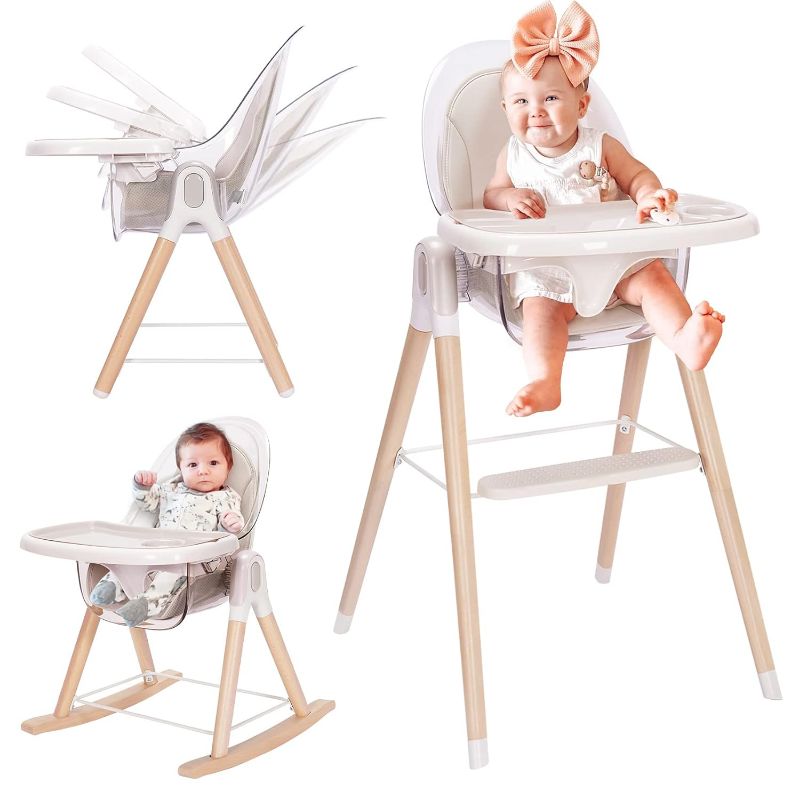 Photo 1 of Baby High Chair, 7-in-1 Grow with Family Convertible Wooden High Chair for Babies and Toddlers, Rocking Chair, Reclining Seat, Easy to Clean Compact High Chair Removable Cushion and Double Tray