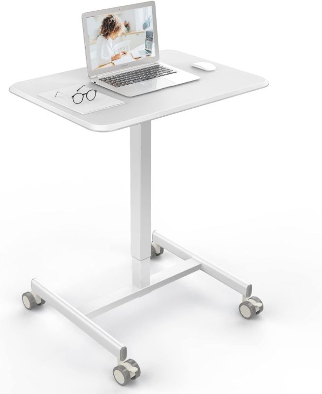 Photo 1 of dumos Small Standing Laptop Desk Mobile Standing Desk Manual Adjustable Home Office Desk Height from 28.5“ to 42.7" Rolling Standing Desk 48" x 65“ for Working, Meeting, Teaching, Speeching, White