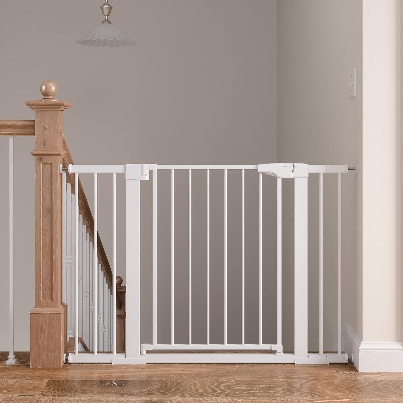 Photo 1 of Mumeasy Baby Gate for Stairs, 29.6"-46" Pressure Mounted Pet Gate with Walk Through Door, Auto Close Dog Gate for House, Stairs, Doorways
