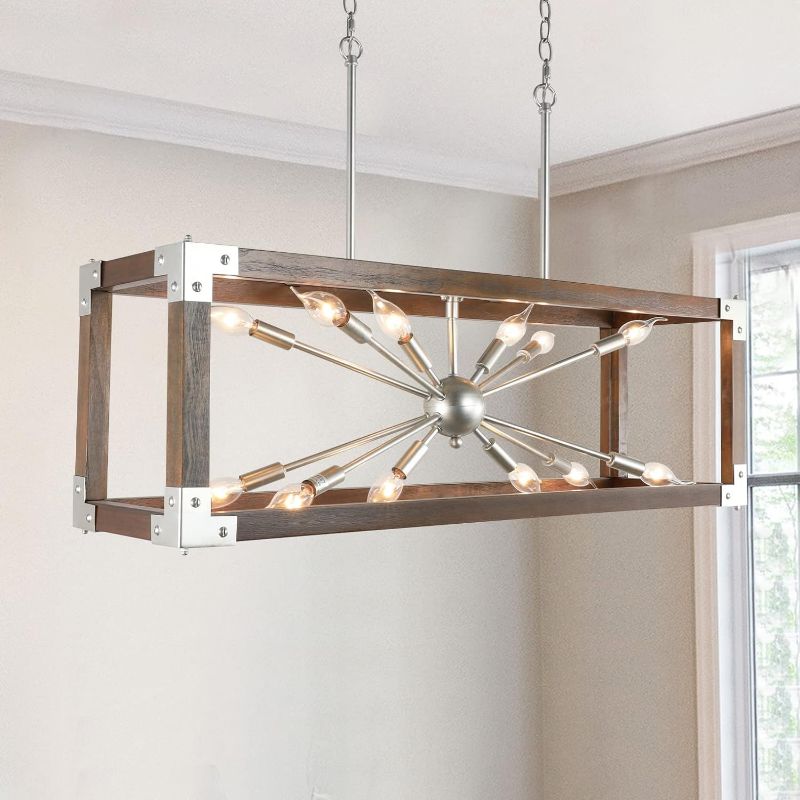 Photo 1 of 34.7" Large Farmhouse Dining Room Lighting, Rectangular Wood Chandelier for Kitchen Island, Silver Metal 12-Light Sputnik Modern Mid-Century Linear Pendant Light Fixtures Over Table, Handmade