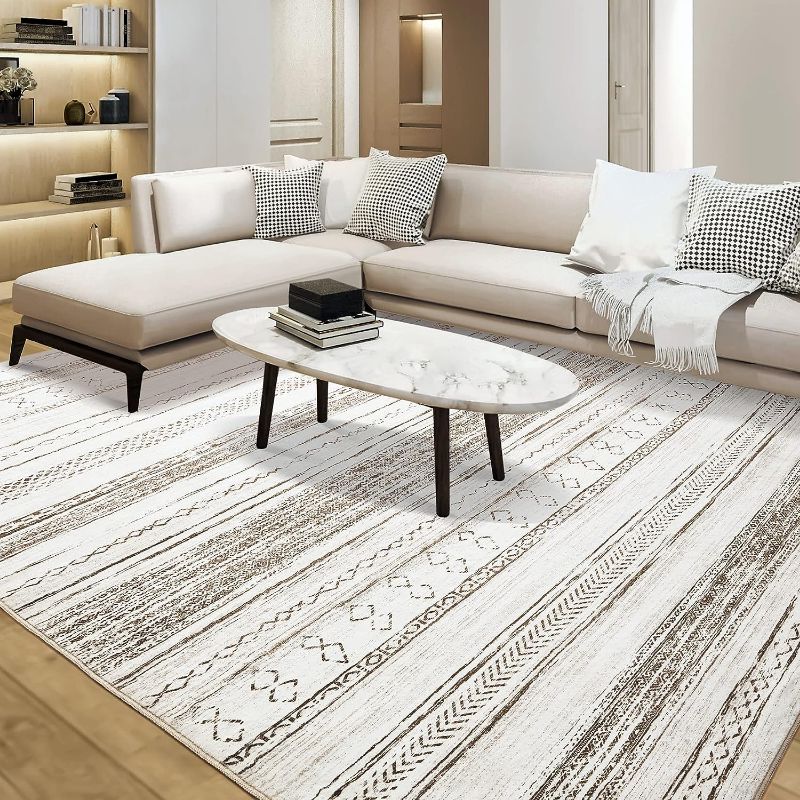 Photo 1 of Area Rug Living Room Rugs: 9x12 Large Soft Machine Washable Boho Moroccan Farmhouse Neutral Stain Resistant Indoor Floor Rug Carpet for Bedroom Under Dining Table Home Office House Decor - Brown