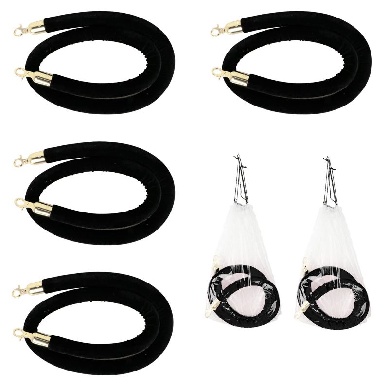 Photo 1 of 4 Pcs Black Velvet Stanchion Rope, Hokimder 5 Feet Velvet Ropes with Polished Gold Hooks, Crowd Control Barrier Ropes for Red Carpet Events, Wedding, Car Shows (with Protective Bag)