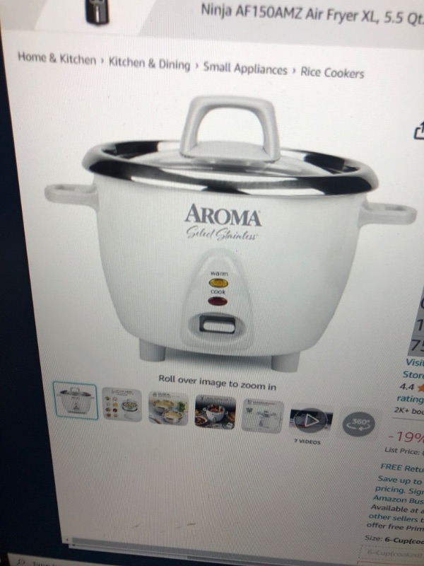 Photo 1 of Aroma Housewares Select Stainless Rice Cooker & Warmer with Uncoated Inner Pot, 6-Cup(cooked) / 1.4Qt, ARC-753SG, White