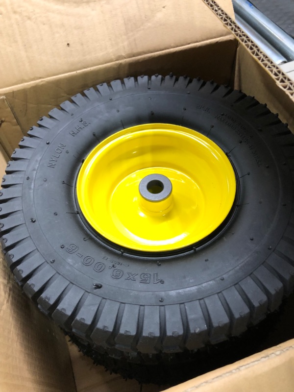 Photo 3 of (2 Pack) AR-PRO Exact Replacement 15" x 6.00 - 6" Front Tire and Wheel Assemblies for John Deere Riding Mowers - Compatible with John Deere 100 and D100 Series - 3” Hub Offset and 3/4” Bushings 15" x 6.00-6" Yellow