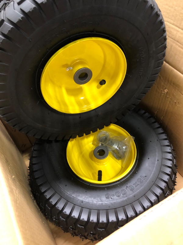 Photo 4 of (2 Pack) AR-PRO Exact Replacement 15" x 6.00 - 6" Front Tire and Wheel Assemblies for John Deere Riding Mowers - Compatible with John Deere 100 and D100 Series - 3” Hub Offset and 3/4” Bushings 15" x 6.00-6" Yellow