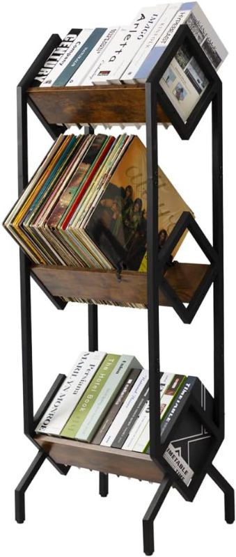 Photo 1 of Hadulcet Vinyl Record Holder, LP Storage Shelf, Record Storage Rack for Albums, Magazine Display, Book and Files Organizer, 2-Tier Vinyl Record Stand with 2 Dividers, Vintage Oak Vintage Oak 2-Tier