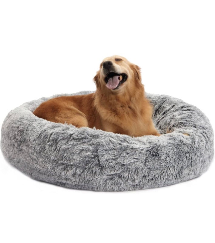 Photo 1 of  Dog Bed,  Round Fluffy Dog Beds for Large Dogs, Anti-Anxiety Plush Dog Bed, Machine Washable Pet Bed (Dark Grey, Large)  Dark Grey