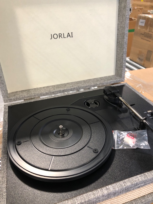 Photo 4 of JORLAI Nostalgic Record Player 3 Speed Dual Bluetooth in Out Turntable with USB Playback Encoding Built in Battery LP Player with Built in Stereo Speakers 3.5mm Headphone Jack Aux in RCA line Out Light Grey