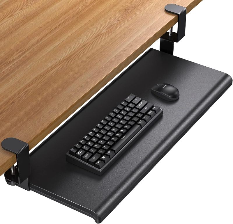 Photo 3 of HUANUO Keyboard Tray 27" Large Size, Keyboard Tray Under Desk with C Clamp, Computer Keyboard Stand Slide Pull Out, No Screw into Desk, for Home or Office