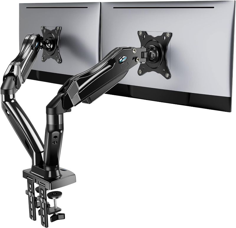 Photo 1 of Dual Monitor Stand, Adjustable Spring Monitor Desk Mount for 13-27 inch, Dual Monitor Mount Holds Max 14.3lbs, Computer Monitor Arms with Wide Range of Motion for Home Office