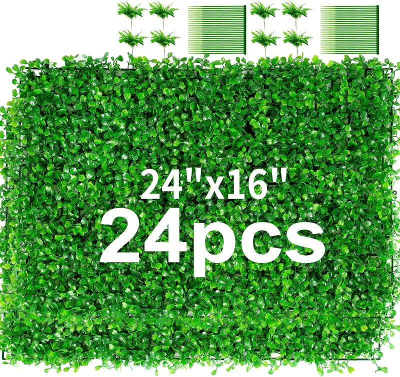 Photo 1 of 24PCS Artificial Boxwood Grass Wall Panels for 31 SQ Feet, 24" x 16" Faux Hedge Grass Backdrop Wall