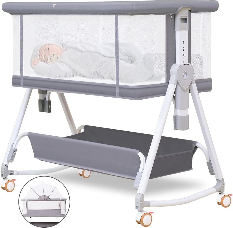 Photo 1 of Baby Bassinet Bedside Sleeper for Baby with Wheels and Storage Barket ,All Mesh Portable Bedside Bassinet Co Sleeper for Newborn /Infant,7 Height Adjustable Easy to Assemble Bedside Crib?3 in 1?Grey?