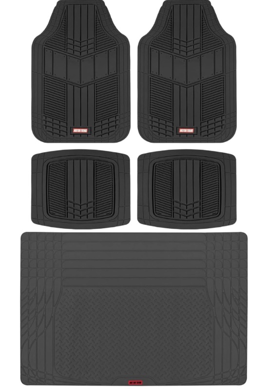 Photo 1 of MotorTrend 2-Tone Automotive Car Mats & FlexTough TrunkShield for Back of SUV, Sedan & Coupe Trunk Cargo Liner Cover, All Weather Heavy Duty Protection, Universal Trim-to-Fit, 47.5" x 32.2"in Black