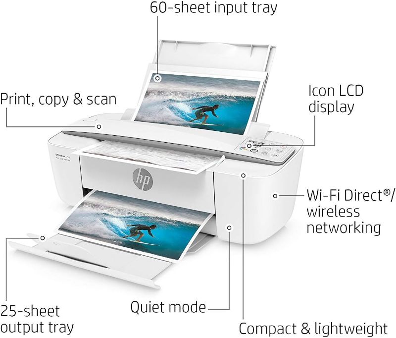 Photo 1 of HP DeskJet 3755 Compact All-in-One Wireless Printer, HP Instant Ink, Works with Alexa - Stone Accent (J9V91A)