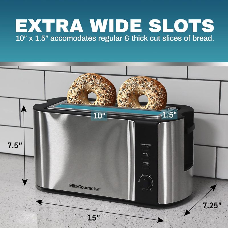 Photo 1 of Elite Gourmet ECT-3100## Long Slot 4 Slice Toaster, Reheat, 6 Toast Settings, Defrost, Cancel Functions, Built-in Warming Rack, Extra Wide Slots for Bagels Waffles, Stainless Steel & Black