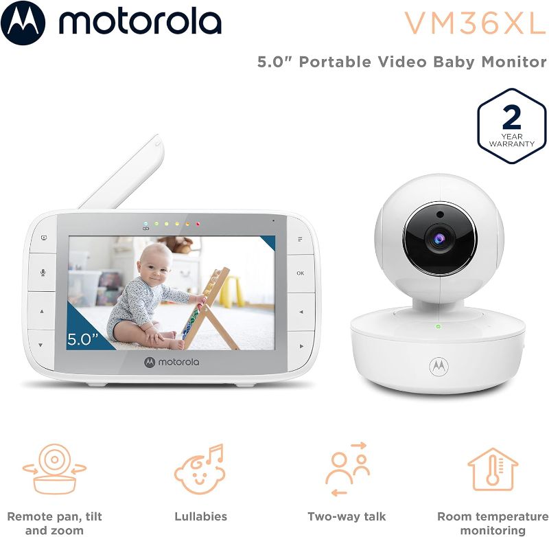 Photo 1 of Motorola Baby Monitor VM36XL - Indoor Video with Camera, 480x272p, 1000ft Range, 2.4 GHz Wireless 5" Screen, 2-Way Audio, Remote Pan, Tilt, Zoom, Room Temperature Sensor, Lullabies, Night Vision