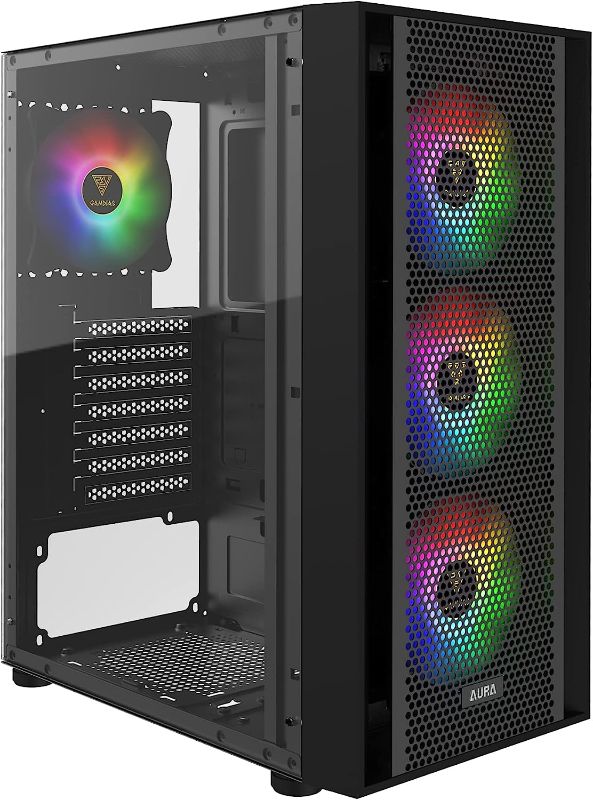 Photo 1 of GAMDIAS ATX Mid Tower Gaming Computer PC Case with Side Tempered Glass, 4X 120mm ARGB Case Fans and Sync with 5V RGB Motherboard