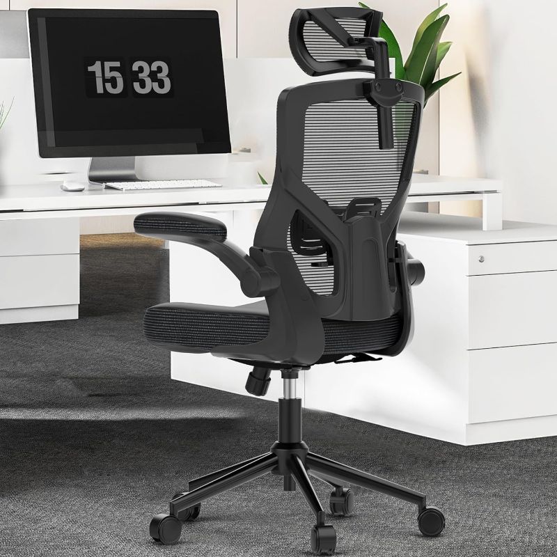 Photo 1 of Ergonomic Mesh Desk Chair, High Back Computer Chair- Adjustable Headrest with Flip-Up Arms, Lumbar Support, Swivel Executive Task Chair (Modern, Black)