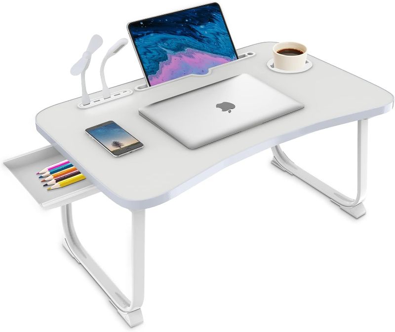 Photo 1 of Fayquaze Portable Foldable Laptop Bed Table with USB Charge Port Storage Drawer and Cup Holder,Lap Desk Laptop Stand Serving Tray for Eating, Reading and Working Black