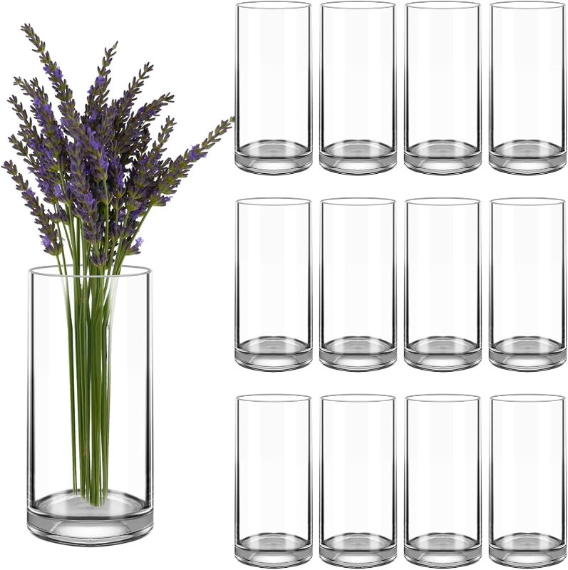 Photo 1 of 12 Pack Tall Clear Glass Cylinder Vases Floating Candle Holders,Bulk Sell Centerpiece Table Vases for Home,Party, Wedding Decorations, Formal Dinners (8'' Tall x 4''Width)