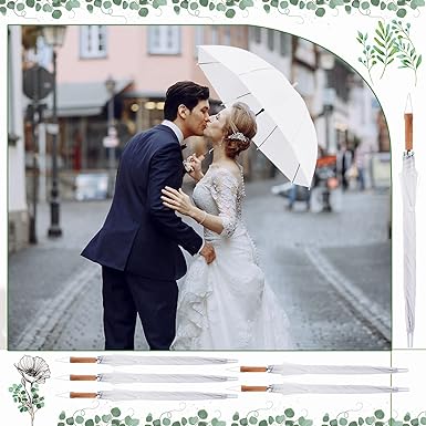 Photo 1 of 12 Pcs Wedding Umbrellas Bulk with Wooden Handle White Rain Umbrellas Wedding Style Stick Umbrellas Large Canopy Windproof Umbrellas for Women Men Adult Children Bridal Party Photography Outdoor