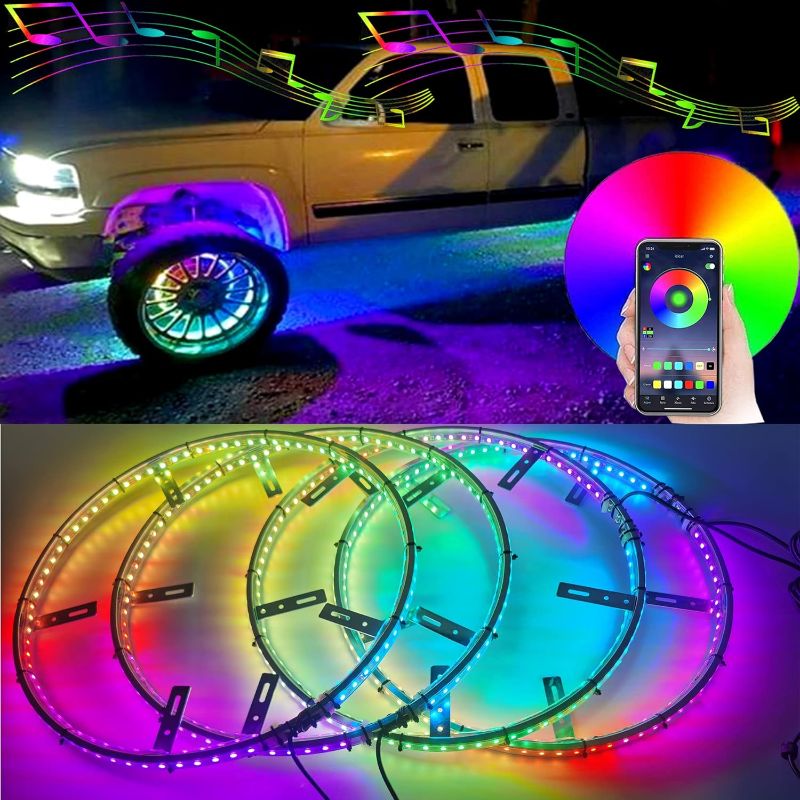 Photo 1 of NBWDY 4Pcs 17in Double Row RGB Rim Lights,Dream Chasing Colors 624 LEDs Wheel Ring Lights Tire Lighting kit APP Control for Cars SUV ATV Pickup RV Camper Trucks Wheel Lights