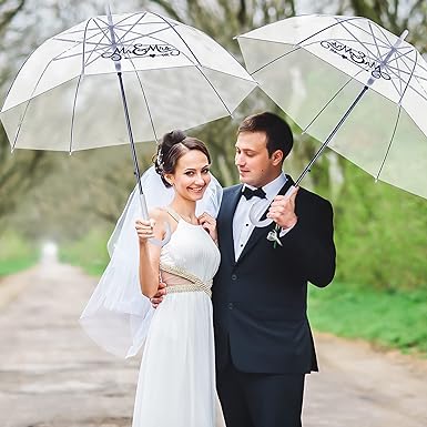 Photo 1 of 2 Pcs Mr and Mrs Clear Umbrella Wedding Clear Bubble Umbrella Stick Dome Rain Umbrellas Auto Open Transparent Umbrella Wedding Umbrella for Adult Women Men Bridal Shower Gifts