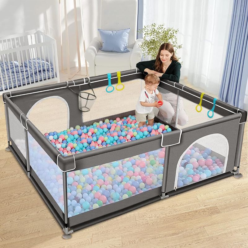 Photo 1 of COMOMY Baby Playpen for Toddlers, 79" x 63" Extra Large Baby Playard, Safe and Non-Slip Baby Fence, Full Mesh Design, Indoor & Outdoor Kids Activity Center, Baby Play Pens (Dark Grey)