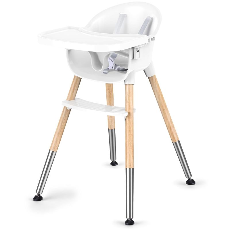 Photo 1 of Bellababy Baby High Chair, Classic Wooden Baby High Chair for Babies & Toddlers, 5-Point Harness, Removable Tray, Ergonomic Seat Back, Easy to Assemble and Clean, Lightweight, White